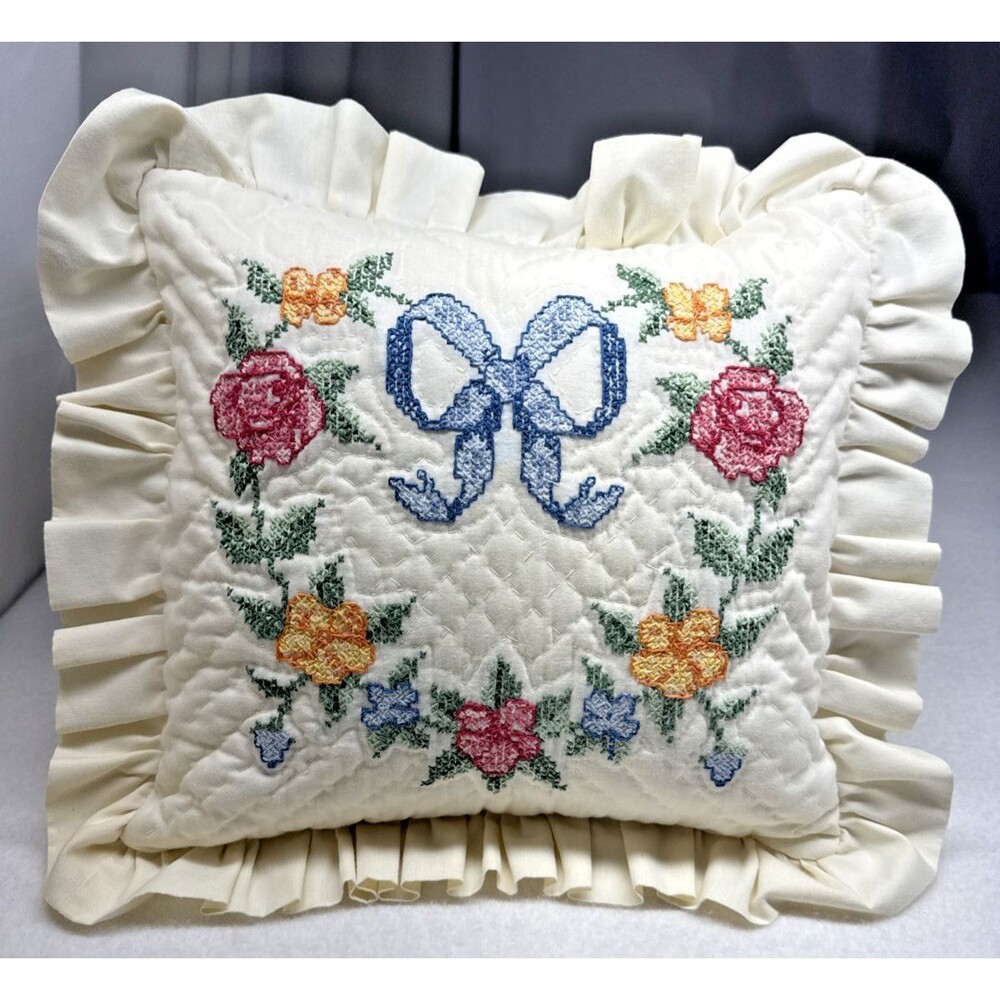 Handmade Floral Embroidered Pillow Roses Blue Bow Ruffle Cottagecore Farmhouse